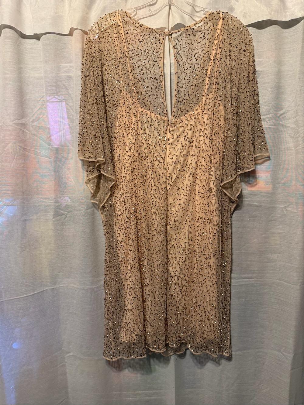 JS Collections Beaded Champagne Sequin Overlay Cocktail Dress